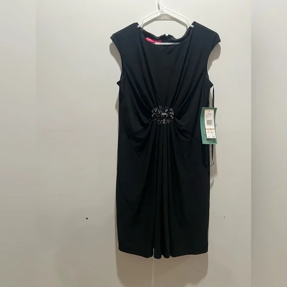 Nine & Co NWT Black Beaded Ruched Sheath Dress Size 12 Cap Sleeve - Picture 6 of 9
